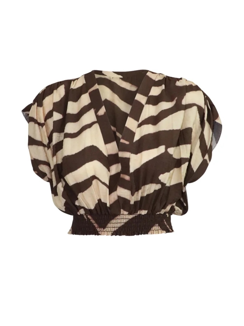Zebra-Stripe V-Neck Smocked-Waist Crop Blouse in Brown and Cream